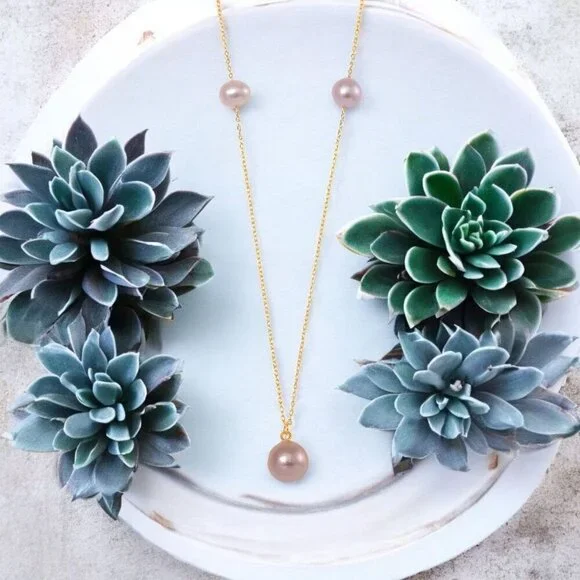 Artisan ✦ Edison Pearl Necklace ✦ Blush Pink Pendant on 14K Gold Over Sterling - Picture 3 of 5